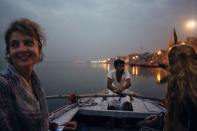 Anna and Siri in a boat in Varanasi, India