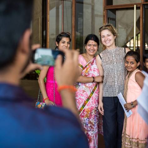 Anna with Indian women in Lotus Temple, New Delhi, India