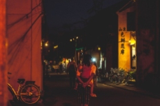 Street with bicycles during night