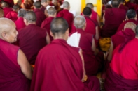 Tibetan Monks are praying in the Dalai Lama Temple in McLeod Ganj, Dharamsala
